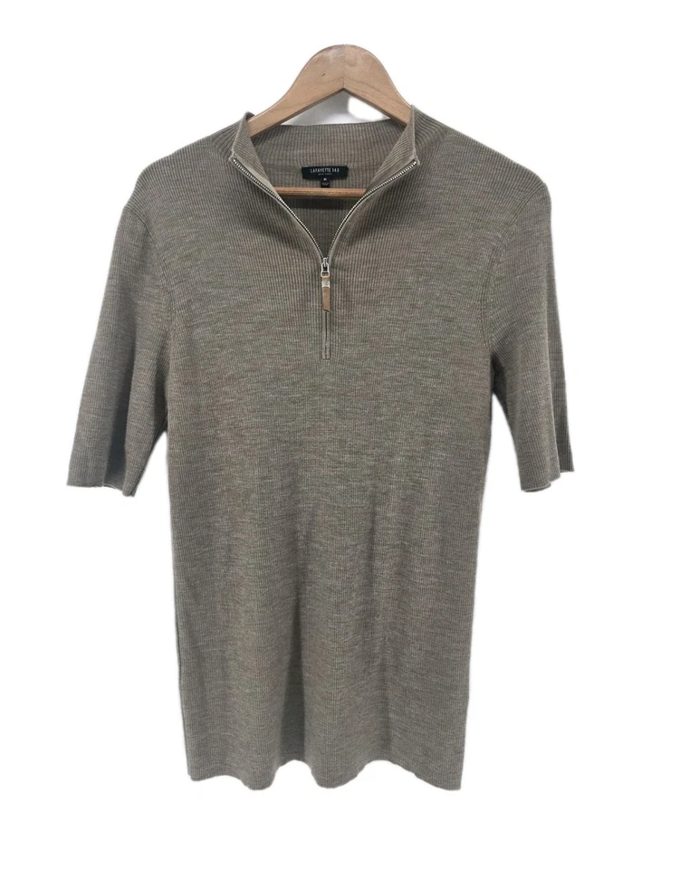 Suéter Lafayette 148 Mujer Tostado Acanalado Lana Media Cremallera Mangas Codo Mediano Foto 1 de 4