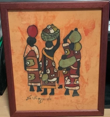 Unique African Rwanda Batik Screen Print Painting Framed Women’s Daily Life 9x8” - Image 1 of 4