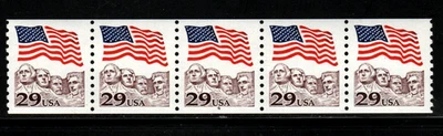 Stamp USA 29¢ Flag/Mount Rushmore - Plate #4 Coil Strip of 5 MNH stamps SC#2523 - Image 1 of 2