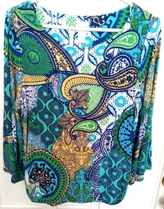 CHICO'S 3/4 Flared Sl Turq/Gold/Black Paisley Scoop Neck Rayon Blend Top 1 S - Picture 1 of 6