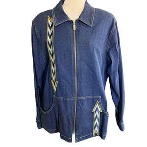 Bob Mackie Wearable Art Denim Jacket Womens XL Full Zip Blue Embroidered Stretch - Picture 1 of 10