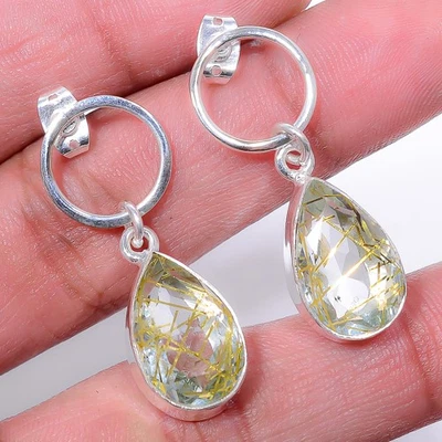 Golden Rutilated Quartz Silver Plated Earring 1.37" E-63, Christmas Gift - Image 1 of 3