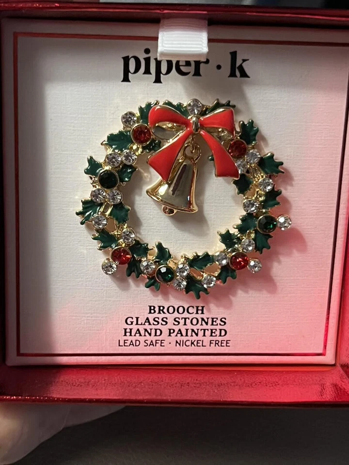 Piper-K Christmas   Glass Stones Hand Painted  Wreath with bell Brooch  NEW - Image 1 of 1
