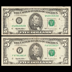 USA $5 1995 FEDERAL RESERVE 2 NOTES CLEVELAND AND ATLANTA — FREE SHIPPING - Picture 1 of 2