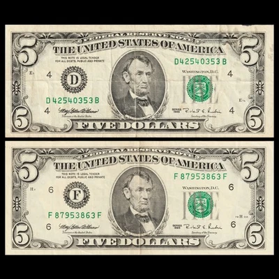 USA $5 1995 FEDERAL RESERVE 2 NOTES CLEVELAND AND ATLANTA — FREE SHIPPING - Image 1 of 2