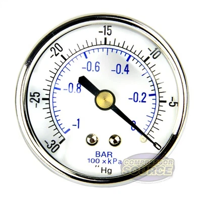 Quality 1/4" NPT 2" Vacuum Air Pressure Gauge 0 -30 PSI Center Back Mount - Image 1 of 4