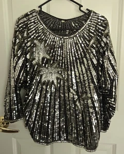 100% Pure Silk Sequin Pearl Black Silver Formal Cocktail Cruise Party Bling Cute - Picture 1 of 9