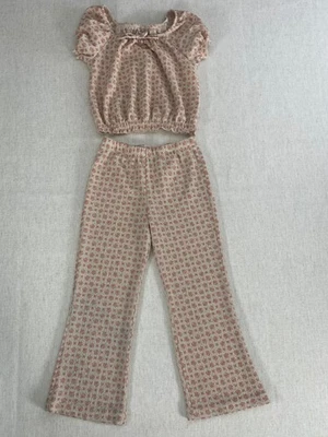 Conjunto Top y Pantalones Autoestima Niñas Mediano Beige Floral Manga Abullonada Cintura Elástica Foto 1 de 4