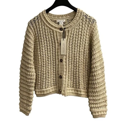 Rachel Zoe Sweater Womens S Tan Gold Metallic Open Knit Cardigan Crest Buttons - Imagem 1 de 4