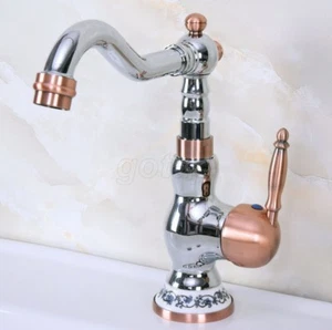 Grifo de lavabo de baño de una manija cromado rojo cobre mezclador grifo montaje en cubierta - Imagen 1 de 7