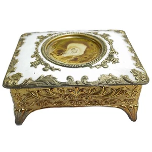 Japan Ornate Trinket Jewelry Box White Enamel Decorated Lid  Gold Tone Footed - Picture 1 of 8