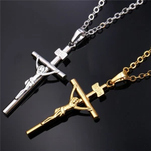 Crucifix Pendant Necklace w/Chain Jesus Cross for Man Woman Vintage Gold/Silver - Picture 1 of 6
