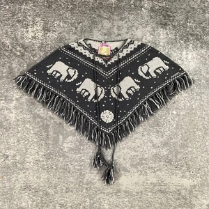 Billabong Poncho Womens Medium Grey Wool Blend Elephant Print Tassel Beach BOHO - Picture 1 of 14