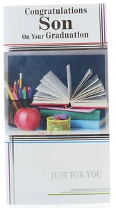 Son Graduation Greetings Card - Books, Apple Pens & Silver Foil 9" x 4.75" - Picture 1 of 1