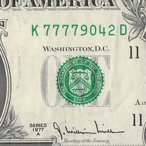 Four in a Row 7s Fancy Serial Number One Dollar Bill K77779042D 1977A 1 $ - Bild 1 von 11