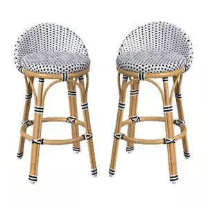 Home Square Rattan Low Back Counter Stool in Black and White - Set of 2 - Picture 1 of 7