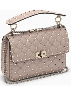 Valentino Rockstud Spike Nappa Leather Nude Blush Quilted Handle Shoulder Bag - Picture 1 of 16