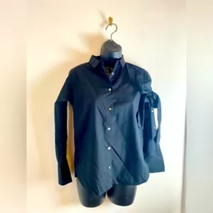 Schwarze Baumwolle Button Down Bluse Schleife Cut Out Ray Beams - Bild 1 von 8