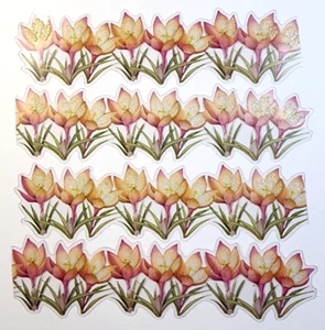 Iris Flowers Pinks Yellows Glitter Accents Acetate Sticker 4 pc 6" x 1-5/8 - Picture 1 of 2