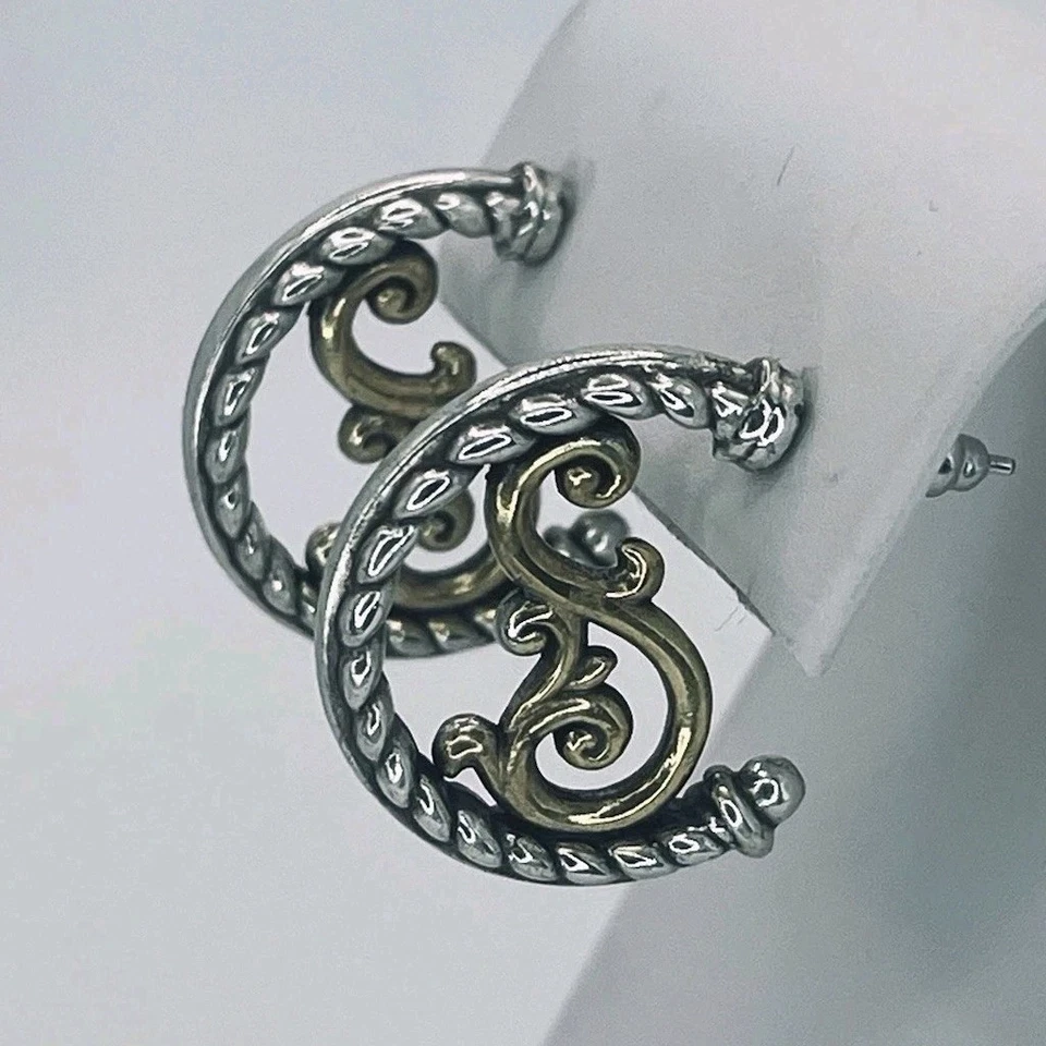 Brighton Hoop Earrings Antique Silver & Gold Rope Scroll Design Pierced Vintage - Image 1 of 4
