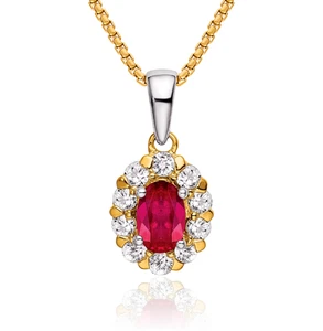14K Solid Two Tone Gold Oval Ruby Diamond Halo Necklace - Picture 1 of 37
