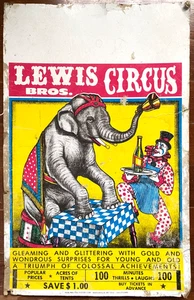 60er Jahre LEWIS BROS. Zirkus Vintage bunt 14"x 22" Show Poster CLOWN & ELEFANT - Bild 1 von 5