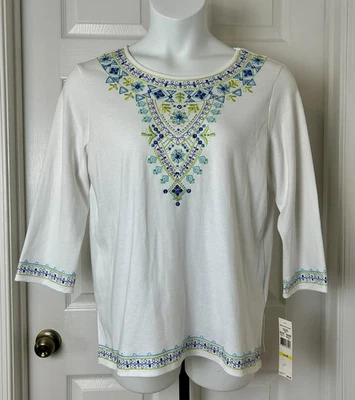 Alfred Dunner Boho Shirt Womens Medium White Blue Green Embroidered Top NWT - Image 1 of 4