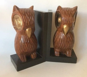 Par de sujetalibros de madera tallada de nogal macizo Wise Owl 1 - Imagen 1 de 4