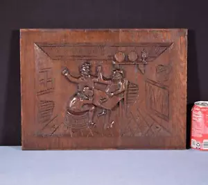 Antique French Solid Oak Highly Carved Panel with Men Drinking Bar Scene - Picture 1 of 11