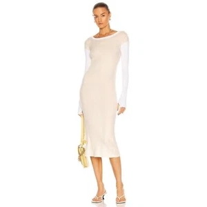 ENZA COSTA Cashmere Colorblock Long Sleeve Crew Dress Womens Large Cream Maxi - Picture 1 of 18
