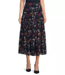 LAUREN RALPH LAUREN Floral Crinkle Georgette Tiered Skirt Midi Navy 10 NWT $165 - Picture 1 of 8