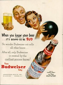 1954 Budweiser Lager Beer Vintage Retro Print Ad Bowling Sports ABC Radio Monday - Picture 1 of 8
