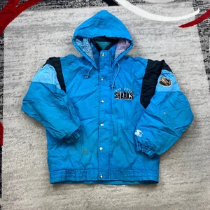 Vtg Starter San Jose Sharks Puffer Jacket Small Blue White NHL Hockey Mens 90s - Picture 1 of 14