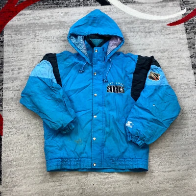 Винтажный стартер Сан-Хосе акулы пуховик куртка маленький синий белый НХЛ хоккей мужской 90-х - Изображение 1 из 4
