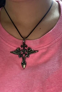 Black Leather Cord Chain Necklace 2.5" Charm Silver Grenade Wings Army Pendant - Picture 1 of 2