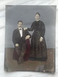 ANTIQUE FOLK ART, PAINTED,TINTED TINTYPE, 6.5 X 8.5 COUPLE - Picture 1 of 12