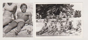 Affectionate Handsome Young Men Shirtless Muscular Bulge Trunks Beach Gay Int - Picture 1 of 2