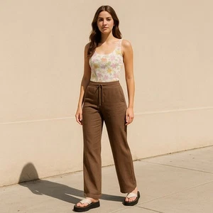 Vintage Rafaella 100% Linen Pants Womens 10 Brown Straight Leg Drawstring Casual - Picture 1 of 11