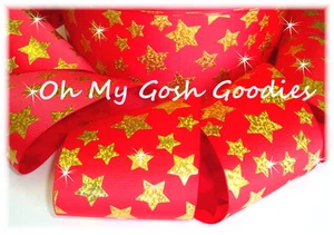 3" GOLD HOLOGRAM CHEER STARS CHEERLEADER GROSGRAIN RIBBON 4 HAIRBOW RED - Picture 1 of 1