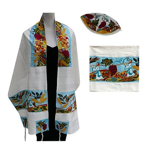 3 PC Set  Raw,Tallit,Tallis,2 men Carrying Grapes, Wheat, Old Jerusalem ISRAEL * - Picture 1 of 4
