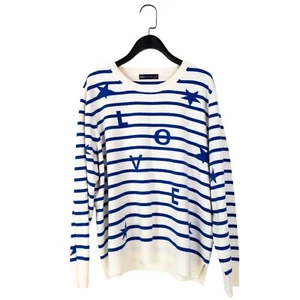 M&S White Blue Stripped Round Neck Pullover Tight Knit Jumper - Size 20 - Picture 1 of 19