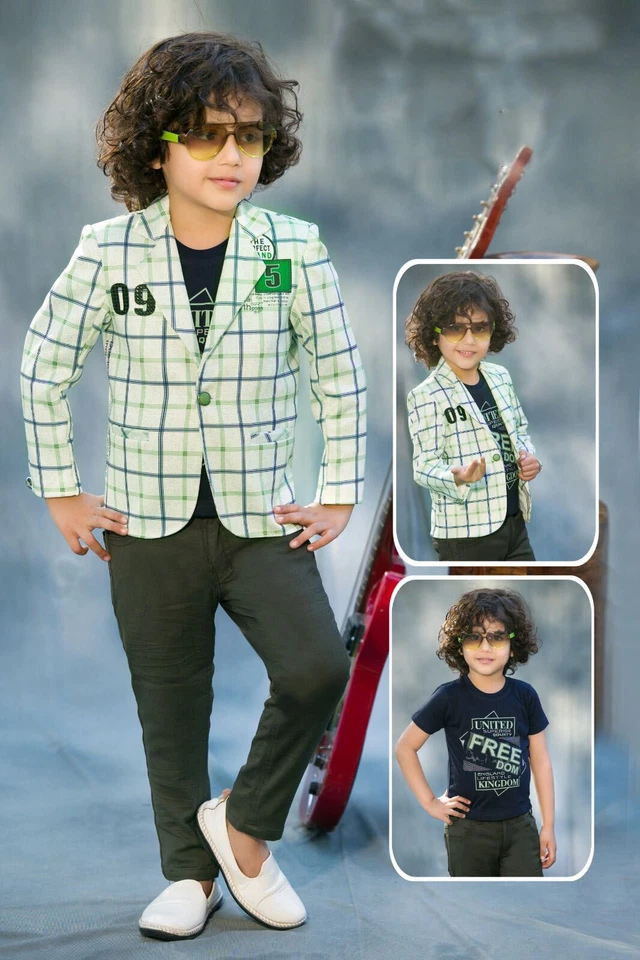 Elegante traje verde de 3 piezas para niños | Camiseta, chaqueta y pantalón Foto 1 de 1