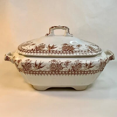 Antique Brown Transferware Tureen Vegetable W/ Lid England Birds Butterflies - Image 1 of 4