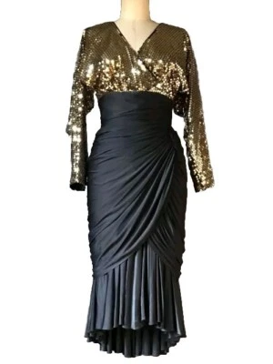 Vestido Formal Tadashi Vintage Negro Dorado Lentejuelas Acanalado Drapeado Cóctel Fiesta Vestido Foto 1 de 4
