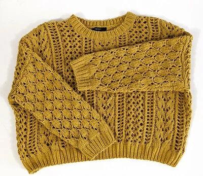 Forever 21 Crop Sweater Cable Lace Open Knit Size S Yellow Gold Long Sleeve. - Imagem 1 de 4