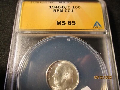 1946-D ROOSEVELT DIME D/D RPM-1 ANACS MS 65   626 - Image 1 of 3