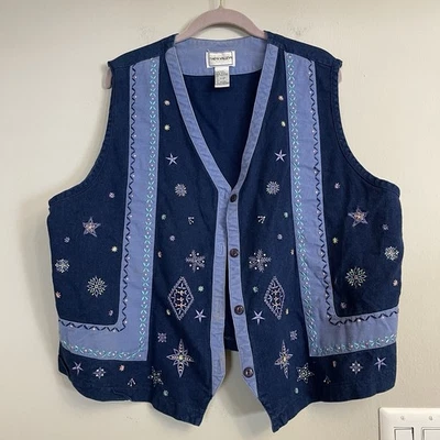 Chaleco de mezclilla Napa Valley sin mangas bordado floral botón completo 2X-grande Foto 1 de 4