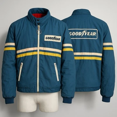 Vintage 1970's Mens Goodyear Red Fleece Lined Racing Striped Patched Jacket - Image 1 of 4