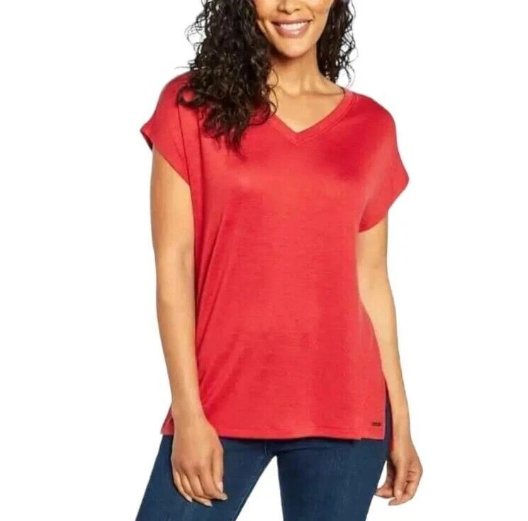 Orvis Mujer Túnica Punto Cuello en V Top Talla XL Rayón Manga Corta Arcilla Quemada Rojo Foto 1 de 4