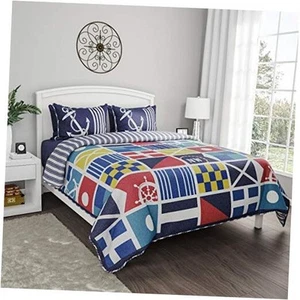 3-Piece Full-Queen Quilt Set - Coastal-Themed Reversible Bedspread with Sham - - Picture 1 of 8
